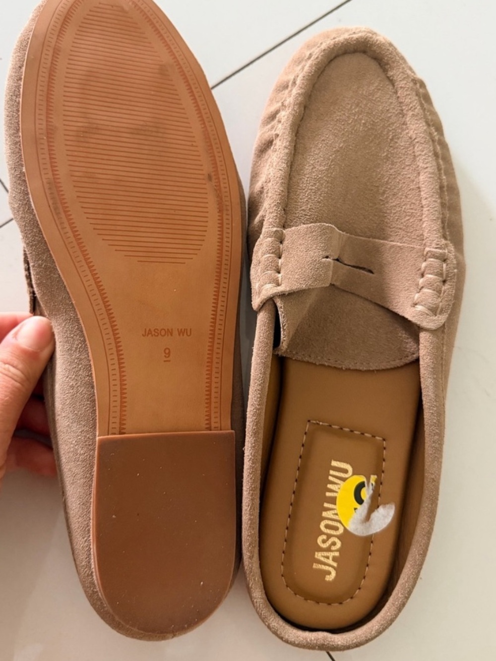 Jason Wu “Meeky” neutral taupe suede open back penny loafer slide flats 9
